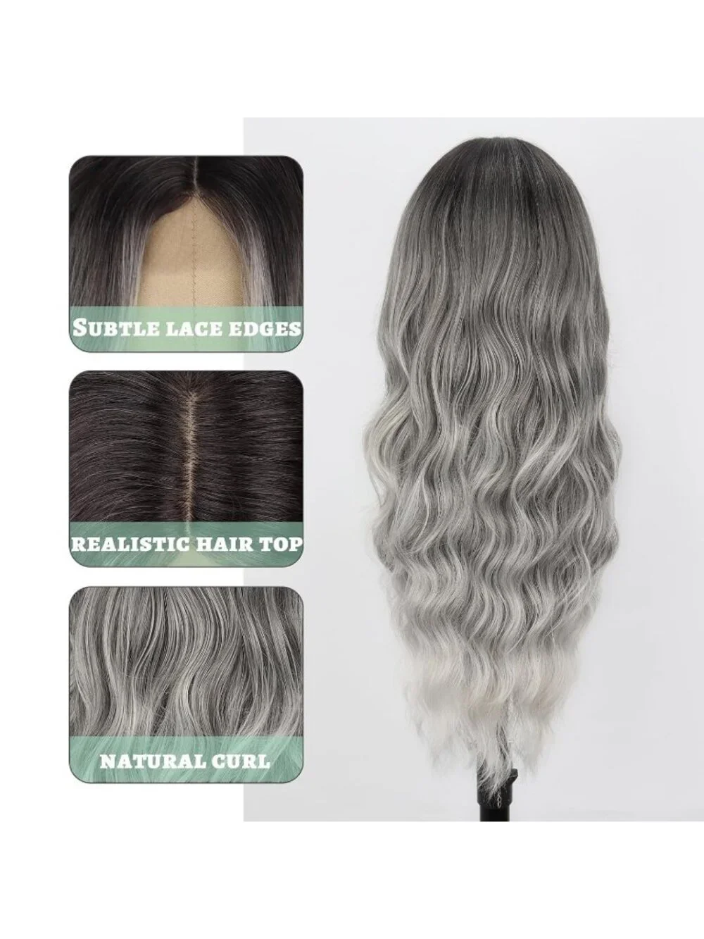 Women's Mix Grey 26 Inch Natural Synthetic Modern Long Curly Wavy Fiber Wigs